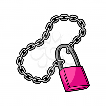 Illustration of chain with lock. Teenage creative image accessory. Youth subculture symbol in cartoon style.