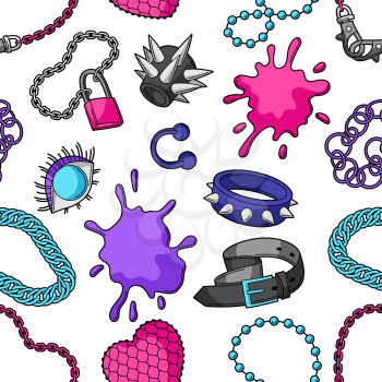 Seamless pattern with youth subculture symbols. Teenage creative illustration. Fashion jewelry and necklaces in cartoon style.