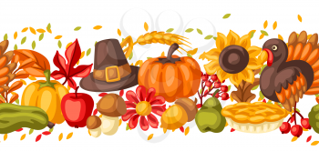 Happy Thanksgiving Day seamless pattern. Background with holiday objects. Celebration traditional symbols.
