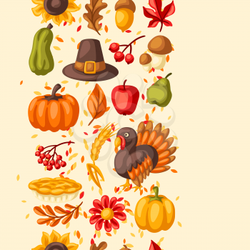 Happy Thanksgiving Day seamless pattern. Background with holiday objects. Celebration traditional symbols.