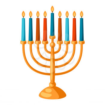 Happy Hanukkah illustration of menorah with candles. Holiday icon in cartoon style. Celebration traditional symbol.