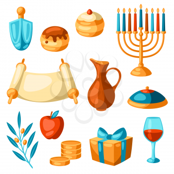 Set of Happy Hanukkah religious symbols. Illustration of holiday objects. Celebration traditional items.