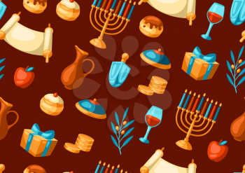 Happy Hanukkah seamless pattern with religious symbols. Background with holiday objects. Celebration traditional items.