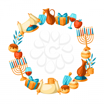 Happy Hanukkah frame with religious symbols. Illustration with holiday objects. Celebration traditional items.