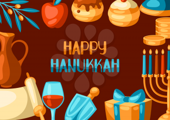 Happy Hanukkah frame with religious symbols. Illustration with holiday objects. Celebration traditional items.