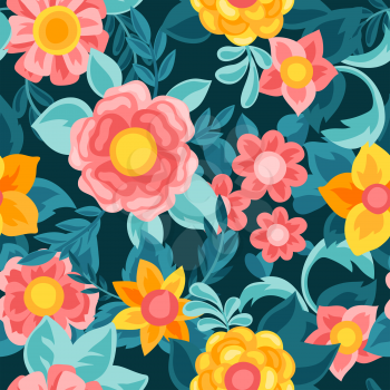 Seamless pattern with pretty flowers. Beautiful decorative natural plants, buds and leaves.