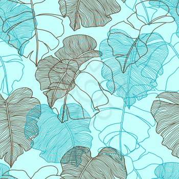 Seamless pattern with stylized palm leaves. Decorative image of tropical foliage and plants. Linear texture.