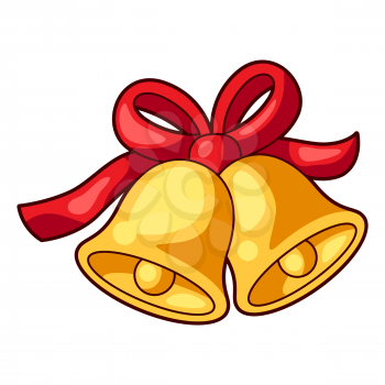 Illustration of funny bells with ribbon. Sweet Merry Christmas item. Cute symbol in cartoon style.