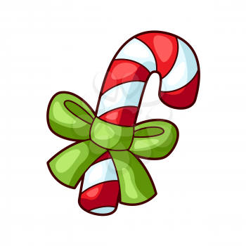 Illustration of funny candy with ribbon. Sweet Merry Christmas item. Cute symbol in cartoon style.