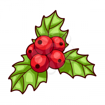 Illustration of funny holly berry. Sweet Merry Christmas item. Cute symbol in cartoon style.