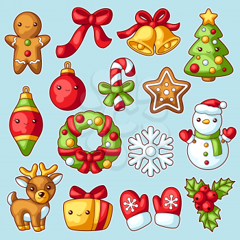 Sweet Merry Christmas set. Cute characters and symbols. Holiday background in cartoon style. Happy lovely celebration.