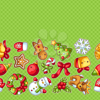 Sweet Merry Christmas seamless pattern. Cute characters and symbols. Holiday background in cartoon style. Happy lovely celebration.