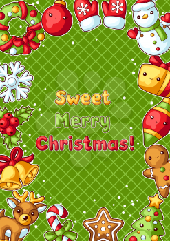 Sweet Merry Christmas decorative frame. Cute characters and symbols. Holiday background in cartoon style. Happy lovely celebration.