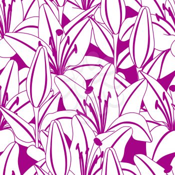 Seamless pattern with stylized lily flowers. Decorative image of beautiful buds. Linear texture.