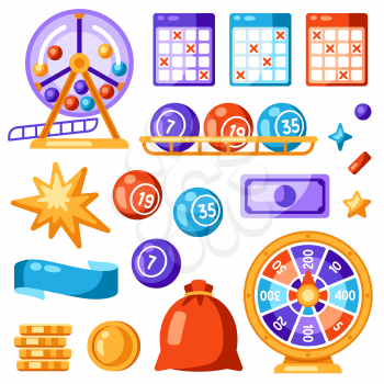 Lottery and bingo set of objects. Icons of gambling or online games. Background with lotto and casimo items.
