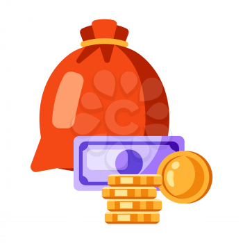 Illustration of a bag of money, banknotes and coins. Icon for gambling or online games.