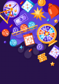 Lottery and bingo illustration. Concept for gambling or online games. Background with lotto and casino items.