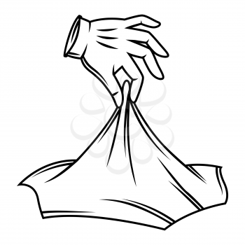 Magician hand with glove lifts the fabric. Trick or magic illustration. Black and white stylized picture.