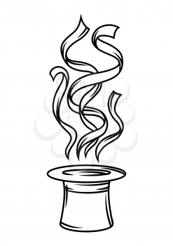 Magician cylinder from which belts fly out. Trick or magic illustration. Black and white stylized picture.