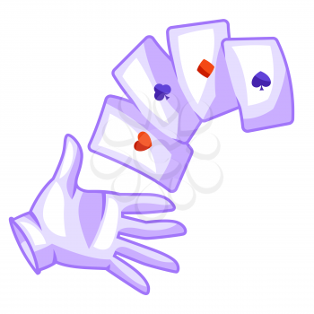 Magician hand in white glove with playing cards. Trick or magic illustration. Cartoon stylized picture.