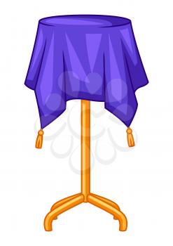 Magician table covered with blanket. Trick or magic illustration. Cartoon stylized picture.