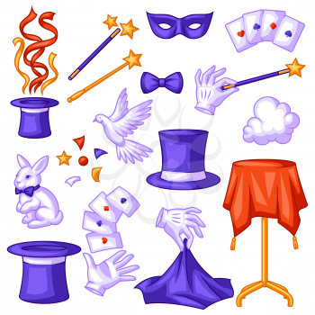 Magician collection with magic items. Illusionist show or performance icon set. Cartoon style illustration of tricks and sorcery.