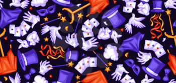 Magician seamless pattern with magic items. Illusionist show or performance background. Cartoon style illustration of tricks and sorcery.