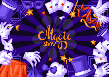 Magician frame with magic items. Illusionist show or performance background. Cartoon style illustration of tricks and sorcery.
