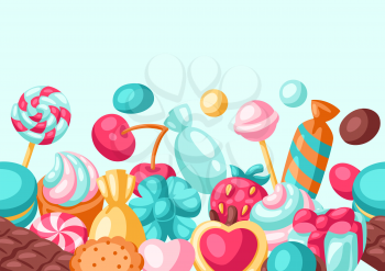 Seamless pattern colorful various candies and sweets. Confectionery or bakery stylized illustration.