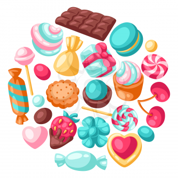 Background with colorful various candies and sweets. Confectionery or bakery stylized illustration.