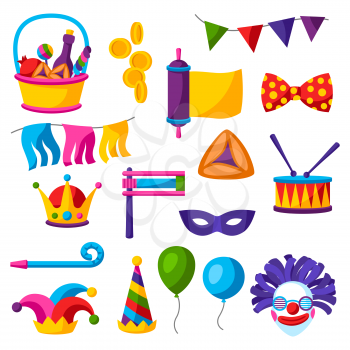 Happy Purim Jewish holiday set of objects. Traditional carnival funfair symbols.