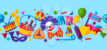 Happy Purim Jewish holiday seamless pattern. Background with traditional carnival funfair symbols.