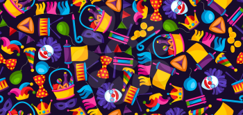 Happy Purim Jewish holiday seamless pattern. Background with traditional carnival funfair symbols.