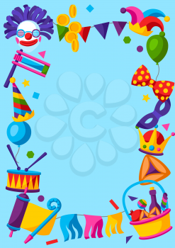 Happy Purim Jewish holiday frame. Background with traditional carnival funfair symbols.