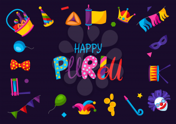 Happy Purim Jewish holiday frame. Background with traditional carnival funfair symbols.