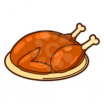 Illustration of turkey on platter. Food item for bars, restaurants and shops. Icon or promotional image.