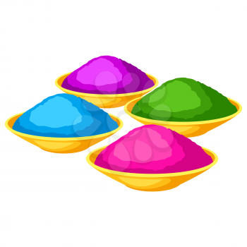 Illustration of plates with colorful powder. Image for Happy Holi. For design and decoration.