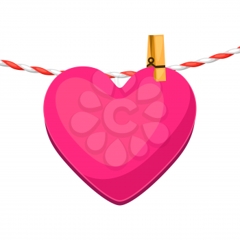 Illustration of heart on clothespin. Image for Valentine Day. For design and decoration.