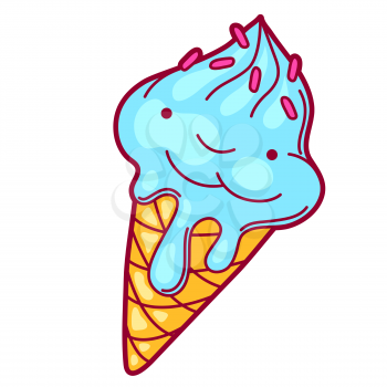 Illustration of ice cream cone in cartoon style. Cute funny character. Symbol in comic style.