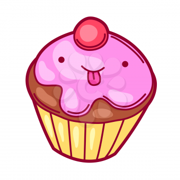 Illustration of cupcake in cartoon style. Cute funny character. Symbol in comic style.