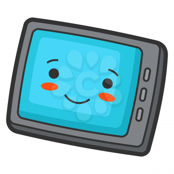 Illustration of tablet in cartoon style. Cute funny character. Symbol in comic style.