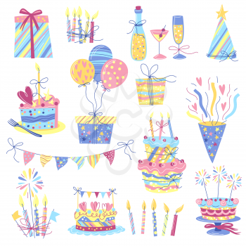 Happy Birthday icon set. Celebration or holiday items. Party objects.