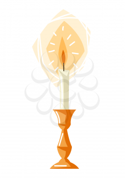 Illustration of burning candle in candlestick. Symbol of Faith and Religion. Abstract stylized image.