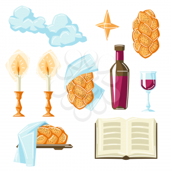 Set of Shabbat Shalom religious objects. Jewish symbols. Judaism concept illustration. Celebration traditional items.