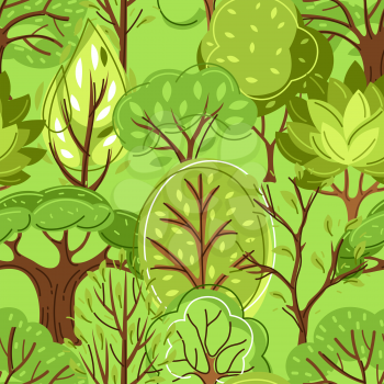 Spring or summer seamless pattern with stylized trees. Natural illustration.