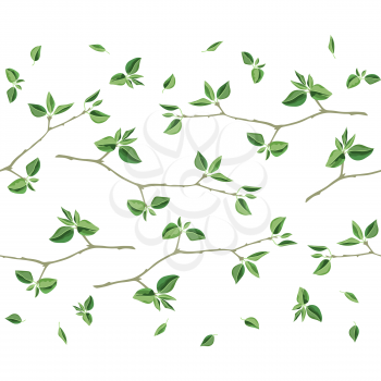 Seamless pattern with branches and green leaves. Spring or summer stylized foliage. Seasonal illustration.