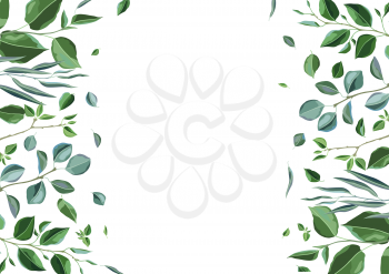 Card or background with branches and green leaves. Spring or summer stylized foliage. Seasonal illustration.