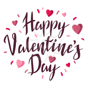 Happy Valentine Day lettering with hearts. Holiday romantic illustration and love symbols.