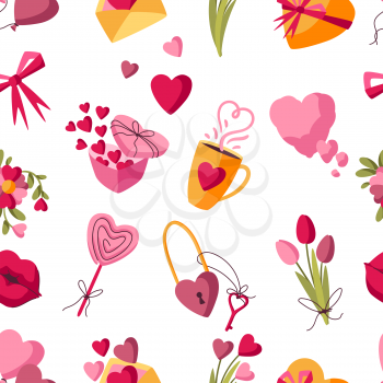 Happy Valentine Day seamless pattern. Holiday background with romantic items and love symbols.