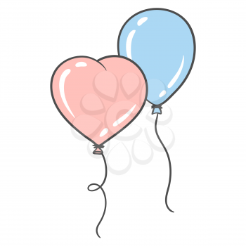 Illustration of balloons pink in the shape of heart and blue. Picture for decoration of holidays and celebrations.